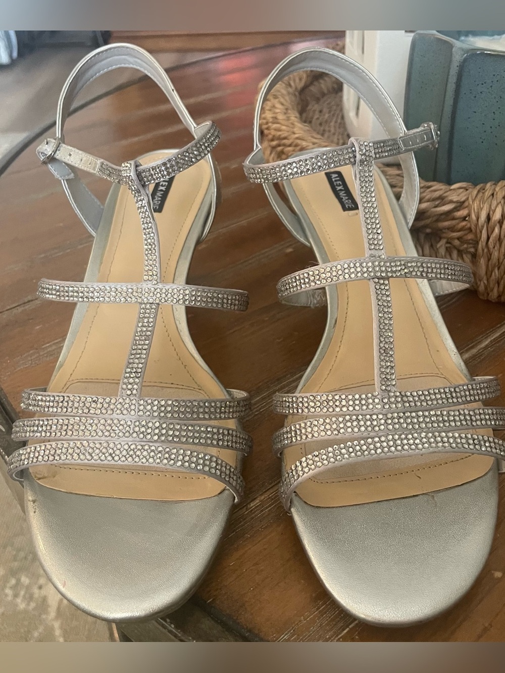 Alex Marie Silver Rhinestone T-Strap Evening Sandals